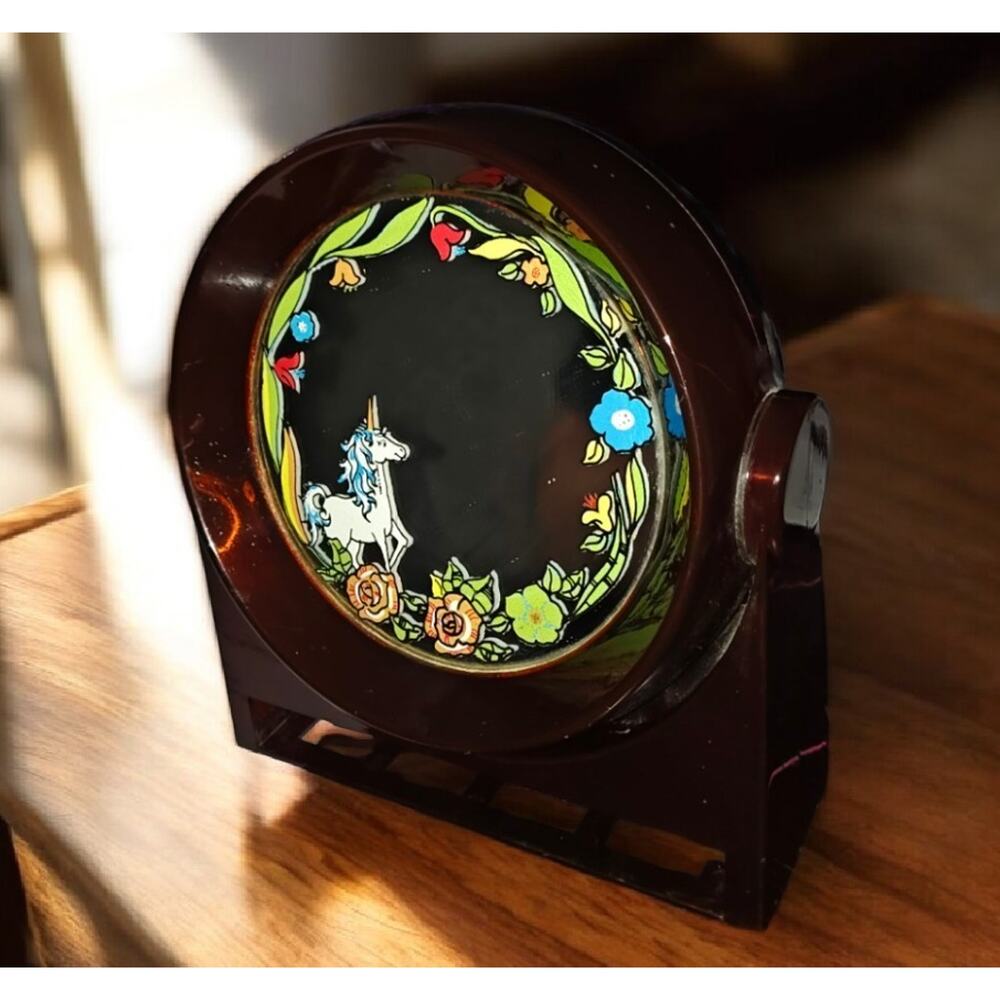 VTG 70’s Yaps Brown Lucite Mirror Unicorn Floral Music Box Small Drawer RARE